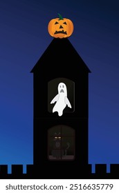 Halloween house black cat and ghost behind the windows illustration 