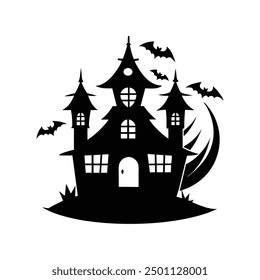 Halloween house black silhouette vector, perfect for spooky designs and haunted house illustrations.