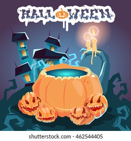 Halloween House With Boiling Potion Pumpkin Face Party Invitation Card Flat Vector Illustration