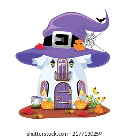 Halloween house in cartoon style with a witch hat instead of a roof. Vector illustration to decorate a flyer, poster, invitation or social media ad for Halloween.