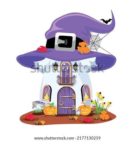 Halloween house in cartoon style with a witch hat instead of a roof. Vector illustration to decorate a flyer, poster, invitation or social media ad for Halloween.