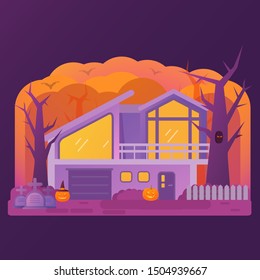 Halloween house.Old cemetery gravestone.Bats and pumpkin.Horror story.Night banner.Flat illustration vector.