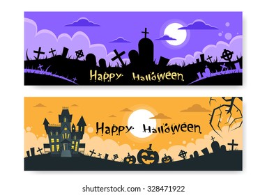 Halloween House Cemetery Graveyard Card Pumpkin Face Banner Flat Vector Illustration