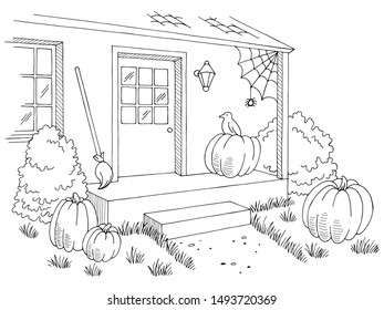 Halloween house decor exterior graphic, black white sketch illustration vector