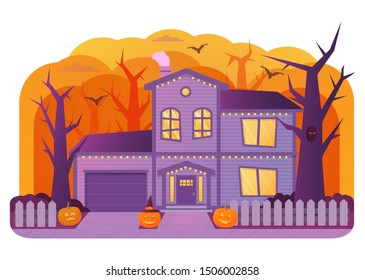 Halloween house decorated with garlands..Old cemetery gravestone.Bats and pumpkin.Horror story.Night banner.Flat illustration vector.
Isolated on a white background.