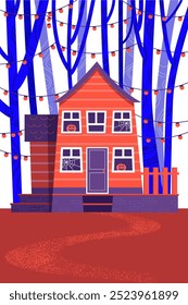 Halloween house Decorated with pumpkins and cobwebs, it stands in the forest. Halloween holiday banner with haunted house, scary pumpkin lanterns in horror night vector background. 