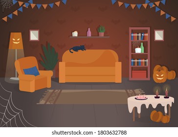 Halloween house decoration semi flat vector illustration. Traditional holiday celebration place. Pumpkin lights. Trick or treat game at home. Festive 2D cartoon interior for commercial use