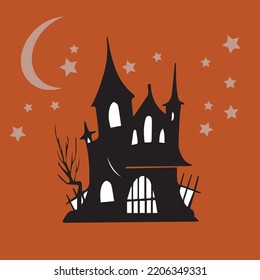 Halloween house design made on an orange background with some specific elements