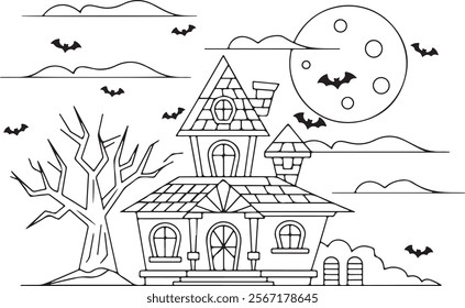 halloween house easy coloring page for adults. black white lineart design.