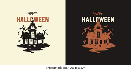 Halloween house or fear home for halloween print. Night spooky haunted house for dark party design fo happy halloween