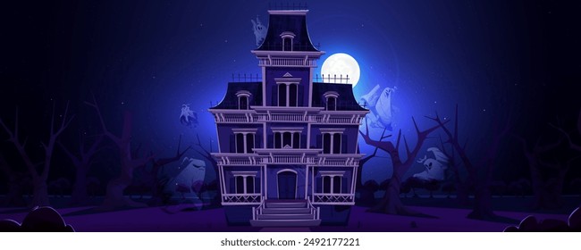 Halloween house and full moon at spooky night. Haunted castle or mansion on creepy dark blue design for invitation banner. Horizontal illustration of nightmare and ghost monster and white moonlight