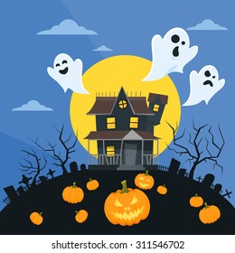 Halloween House Ghost Pumpkin Face Party Invitation Card Flat Vector Illustration