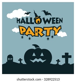 Halloween House Ghost Pumpkin Face Party Invitation Card Flat Blue background Vector Illustration