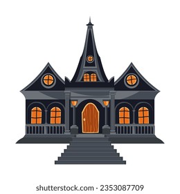 Halloween house in gray color with stairs, windows and front door. Isolated old haunted house in flat style. Cartoon gothic architecture. Vector illustration.