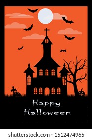 Halloween house illustration with orange background, pumpkins, bats, bare tree, clouds and full moon