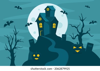 Halloween house illustration. Spooky house on Halloween night. Halloween night theme background.