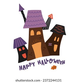 Halloween house isolated element hand drawn in funny cartoon style. Vector scary castle with text. Simple Halloween haunted house for party, card decoration, prints, stickers, invitations.