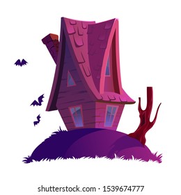 Halloween house isolated on white background. Pink house with tree and bats, vector illustration