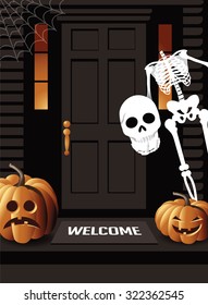 Halloween house with jack o lanterns and skeleton. EPS 10 vector illustration for advertising, marketing, poster, flyer, web page, greeting card, invitation, event, announcement, email