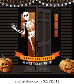 Halloween house with jack o lanterns and waving skeleton. EPS 10 vector illustration for advertising, marketing, poster, flyer, web page, greeting card, invitation, event, announcement, email