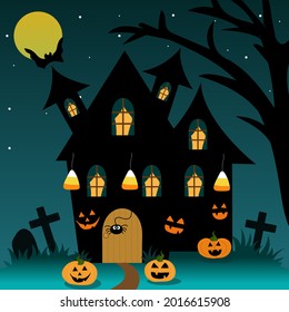 Halloween house with moon, spiders, pumpkin ghosts, bats, candy, tree,  grass and graves in Halloween night.Happy Halloween.