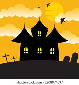 Halloween house at night, bat, cross and grave