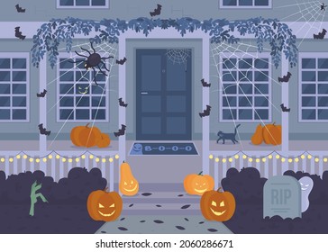 Halloween House At Night Flat Color Vector Illustration. Carved Pumpkins In Front Of House. Spiders And Bats. Nighttime Spooky 2D Cartoon Scenery With Decorated Home Porch On Background