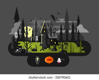 Halloween house at night. Horror monster, ax and witch, flat vector illustration