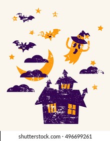   halloween house night sky background with moon and flying ghosts and bats