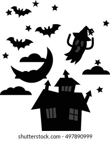  halloween house night sky background with moon and flying ghosts and bats silhouette