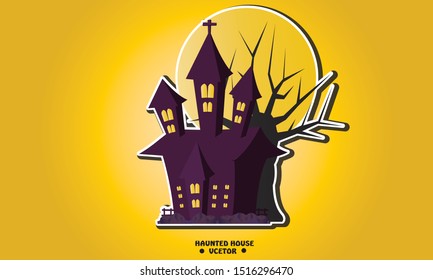 Halloween house on yellow background with a full moon behind,Haunted house vector design 