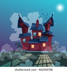 Halloween House Party Invitation Card Flat Vector Illustration