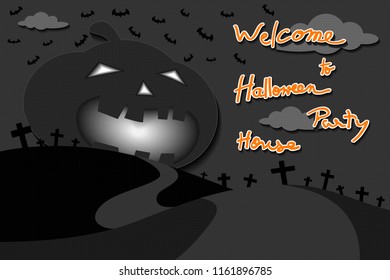 Halloween House Party (Pumpkin shape house) on the churchyard, with lights, many bats and crosses. (Paper cut technique with paper texture). Message by handwriting.