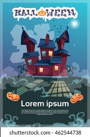 Halloween House With Pumpkin Face Party Invitation Card Flat Vector Illustration