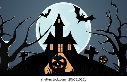 Halloween house with pumpkin head on The mountain at night on The full moon background with tree cross and bats. Concept Happy Halloween day background. Vector illustration design
