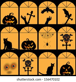 Halloween house with pumpkin, skull, cat, spider, web, ghost silhouette, seamless background