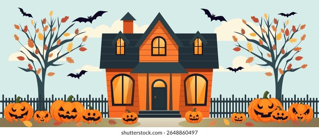 Halloween house with pumpkins, bats, trees and fence. Halloween orange house decorated for the holiday. Yard and house with Halloween pumpkins for design.