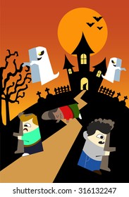 Halloween house scary on orange background