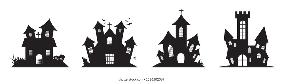 Halloween house set of four in black and white color. Haunted house silhouette collection. Scary Halloween house bundle set. Vector illustration