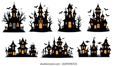 A Halloween house silhouettes ,Black silhouettes set,  Halloween symbols, black, , Halloween silhouette, witches on a white background