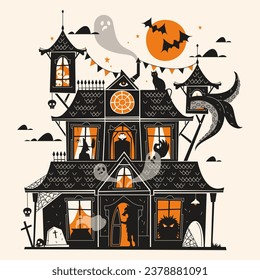 Halloween house vector background or flyer. Dark castle for october horror party. Bat and vampire, tentacle and witch cartoon template. Night cartoon building for trick or treat invitation. Scary card