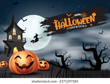 Halloween house vector design. Happy halloween greeting text with pumpkins and haunted mansion and flying witch in dark night background. Vector illustration trick or treat spooky and scary silhouette