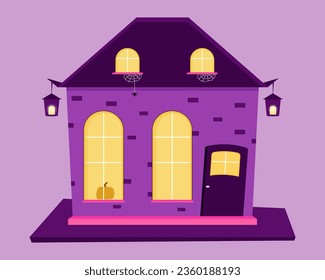 Halloween house with windows and pumpkin and lanterns