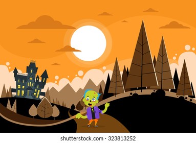 Halloween House Zombie Boy Scary Cartoon Character On Forest Road Flat Vector Illustration