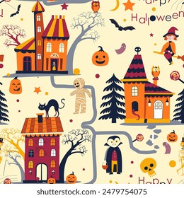 Halloween Houses and Characters Pattern