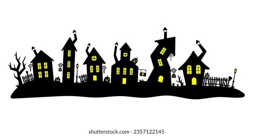 Halloween houses. City. Black silhouette. Horizontal front view. Vector simple flat graphic illustration. Isolated object on a white background. Isolate. Texture.