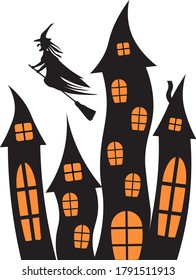 Halloween houses composition, silhouette black houses with orange windows
