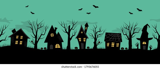 Halloween houses. Creepy village. Seamless border. Black silhouettes of houses and trees on a green background. There are also bats, pumpkins and skeletons in the picture. Vector illustration