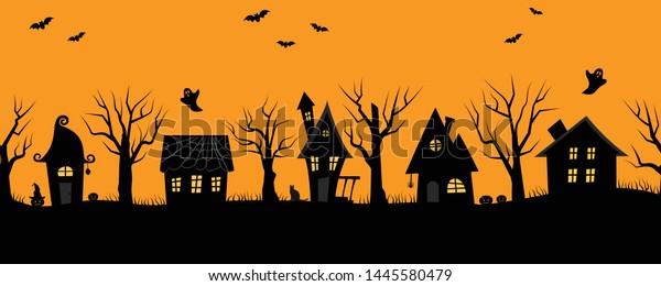 ハロウィーンの家 気味の悪い村 シームレスな境界 オレンジの背景に家と木の黒いシルエット コウモリ 幽霊 カボチャ 猫も写っています ベクターイラスト のベクター画像素材 ロイヤリティフリー