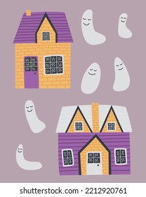 Halloween houses with ghosts vector set. Vector cute country house with different ghosts.